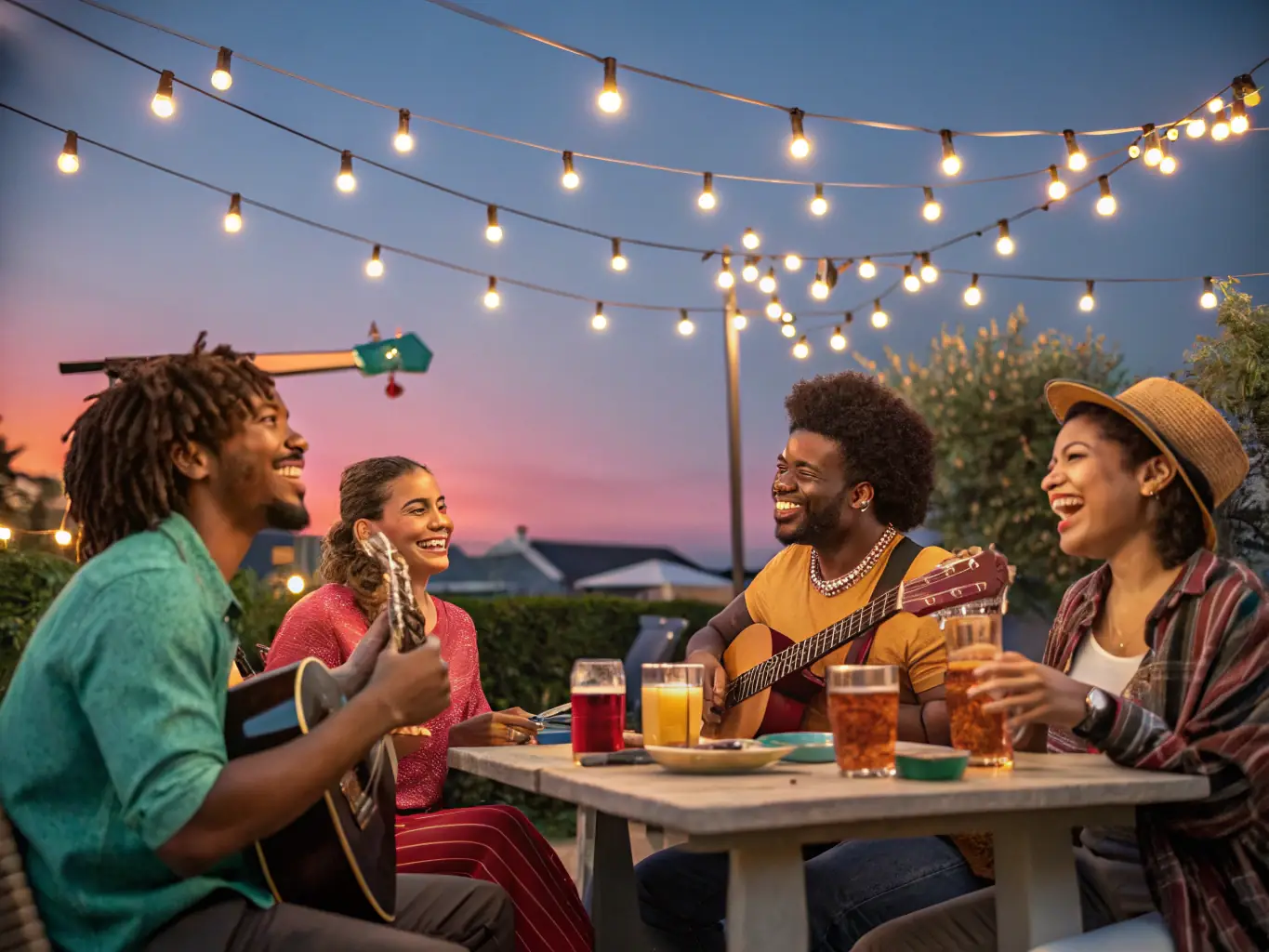 A group photo of members enjoying a social event with food, drinks, and badminton activities, illustrating the Community Events and Social Gatherings program.