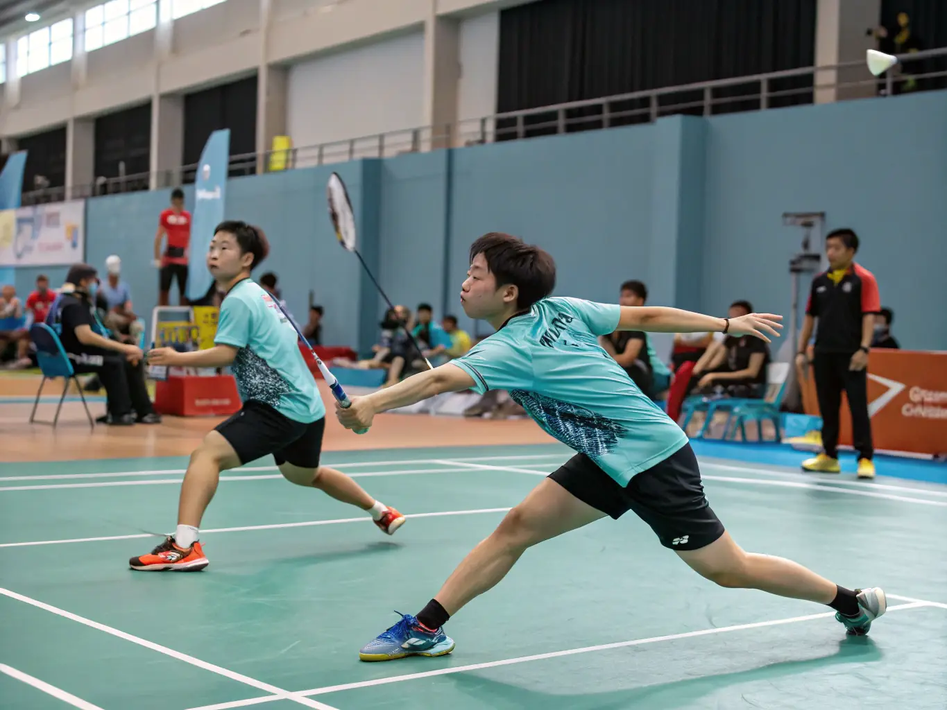 A group of badminton players participating in a friendly match, showcasing teamwork, sportsmanship, and the joy of playing together.