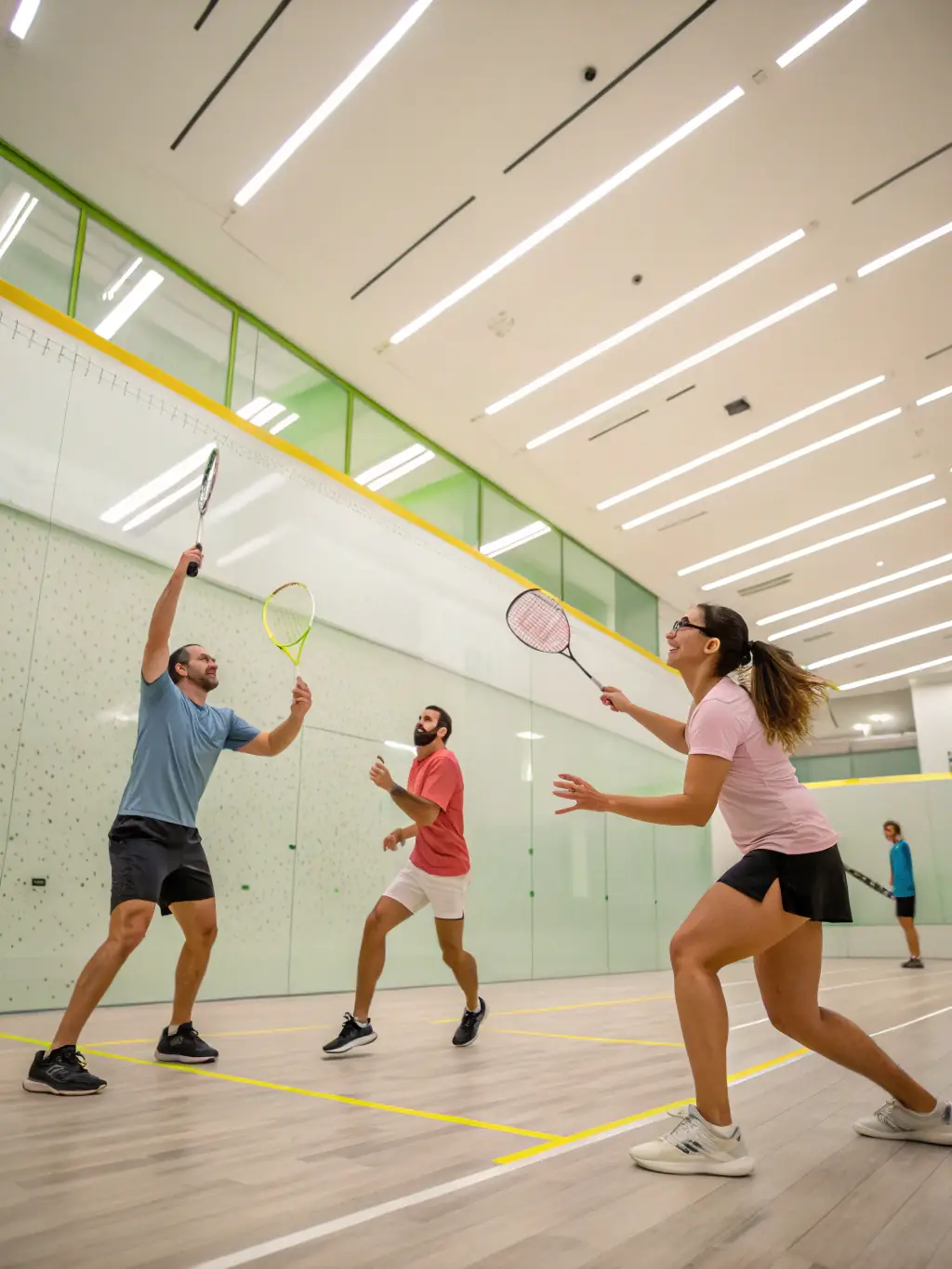 A group of smiling badminton players socializing after a match, emphasizing the club's friendly and welcoming atmosphere.