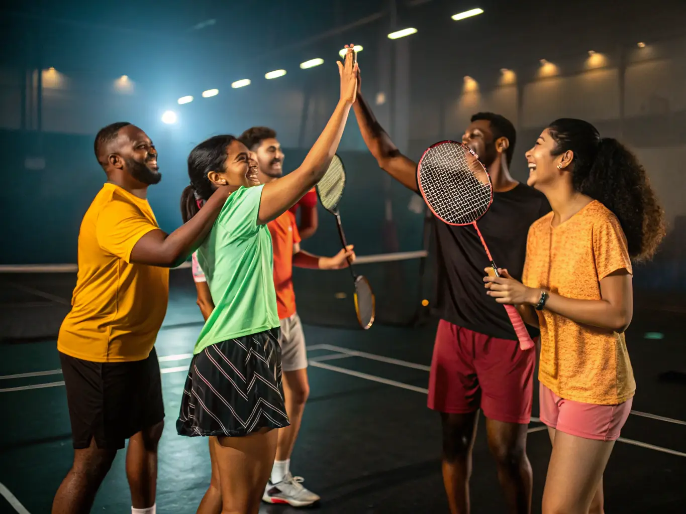 A vibrant community event organized by the badminton club, featuring families, games, and activities that promote health and social interaction.