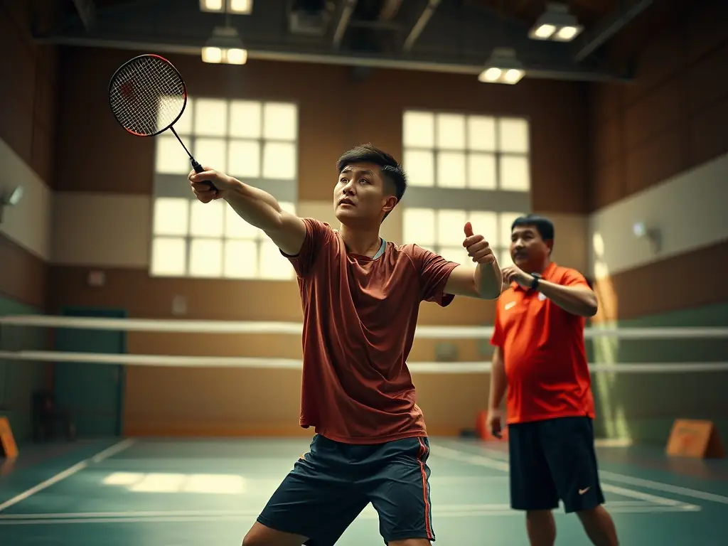 A badminton training session in progress, with a coach providing guidance to players on the court, focusing on technique and strategy.