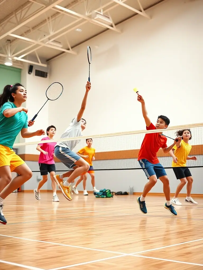 A vibrant image of badminton players of various ages and skill levels participating in a practice session, showcasing the club's inclusive and accessible training environment.