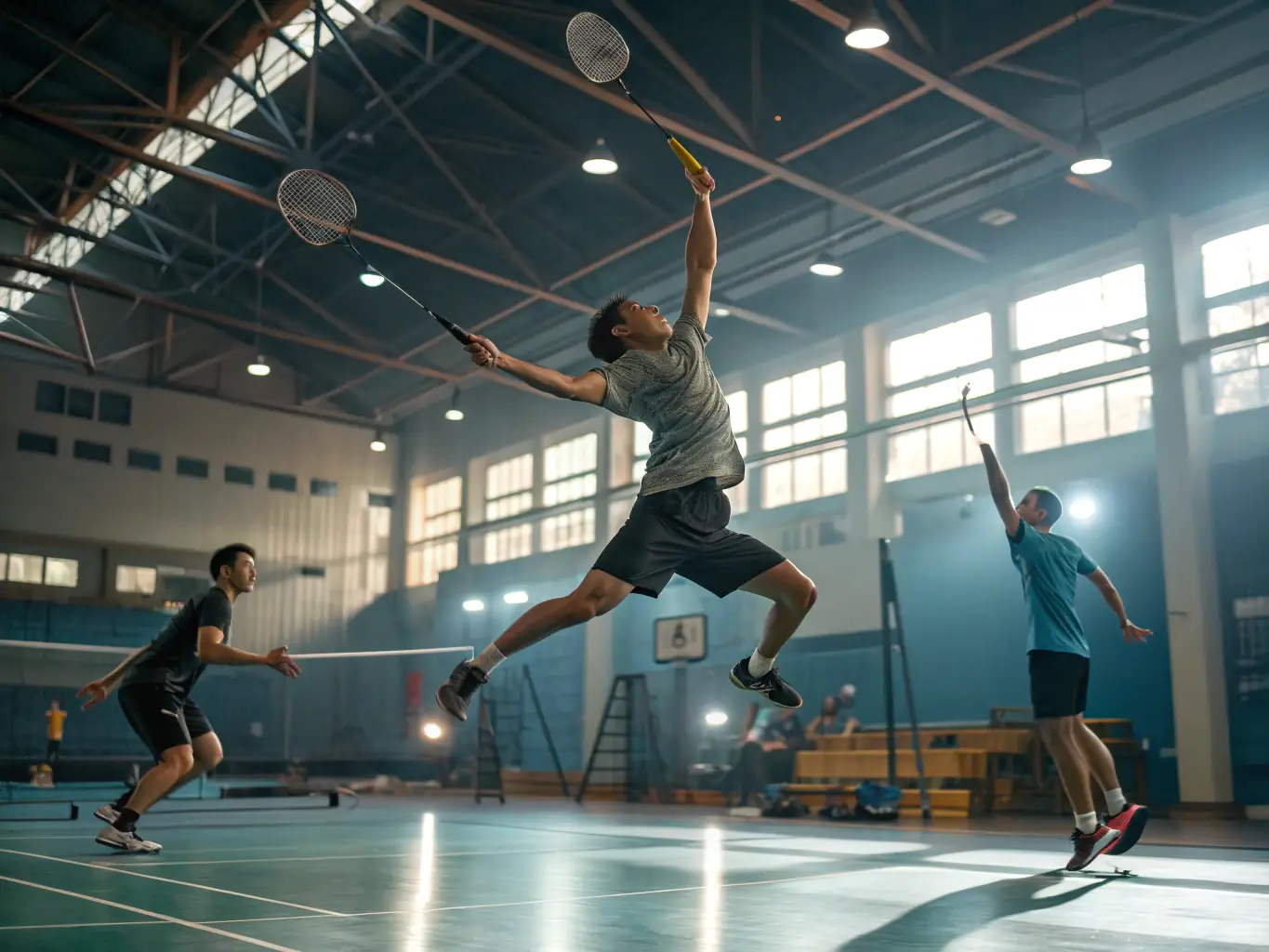 A lively scene of players competing in a friendly badminton match, cheering and enjoying the game, representing the Friendly Matches and Tournaments program.
