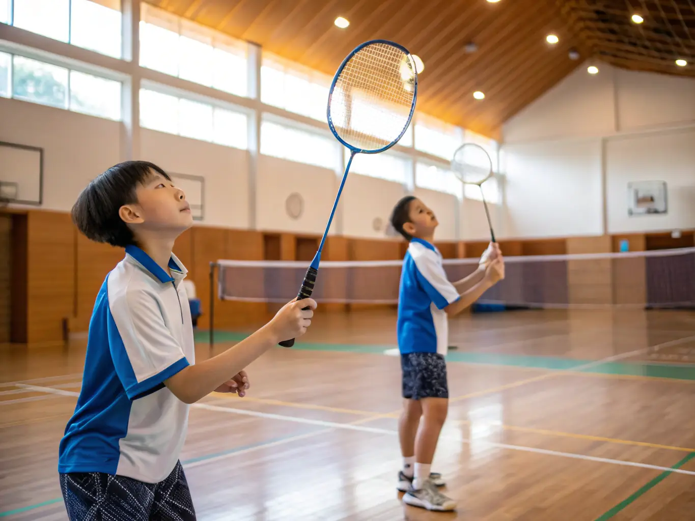 An image of players practicing badminton on a well-lit court, with smiles and active engagement, showcasing the Badminton Practice Sessions program.